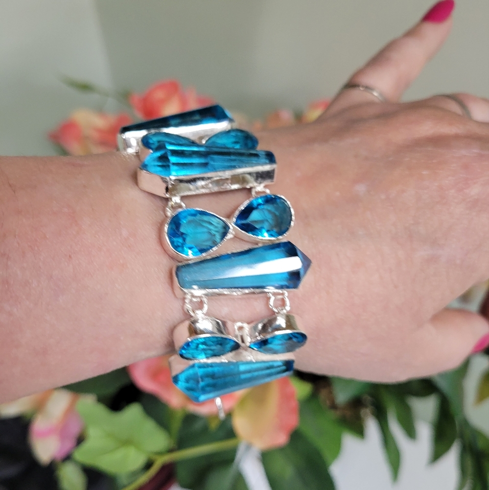 London Blue Topaz Gemstone Handmade Silver chunky Jewelry Bracelet 7-9" - Picture 2 of 8